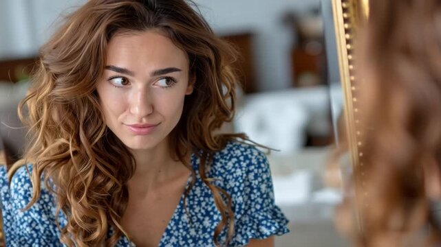 Reflection of Confidence: A young woman gazes into a mirror, a playful smile playing on her lips, radiating self-assuredness and a quiet joy in her reflection. 