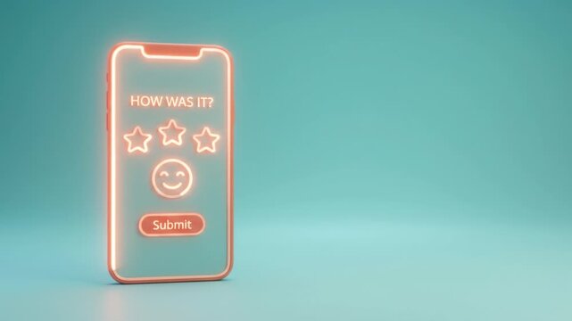 How was it rating feedback mobile phone survey review customer satisfaction neon glow smartphone screen customer feedback rating star review form user survey satisfaction digital interface glowing