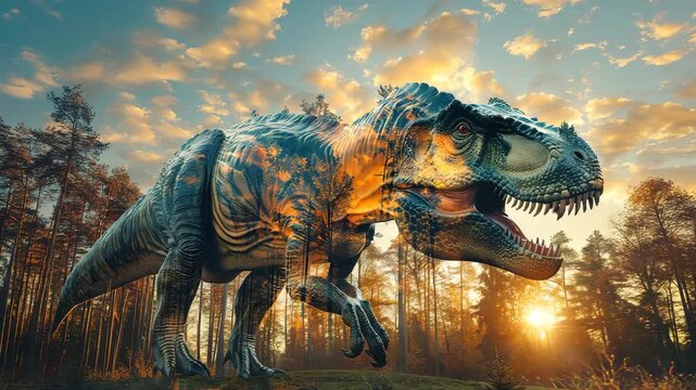 double exposure tyrannosaurus on nature background