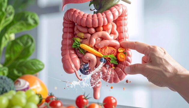 Intestine Health: An educational graphic showcasing the human digestive system, highlighting the connection between healthy food choices and optimal gut function.
