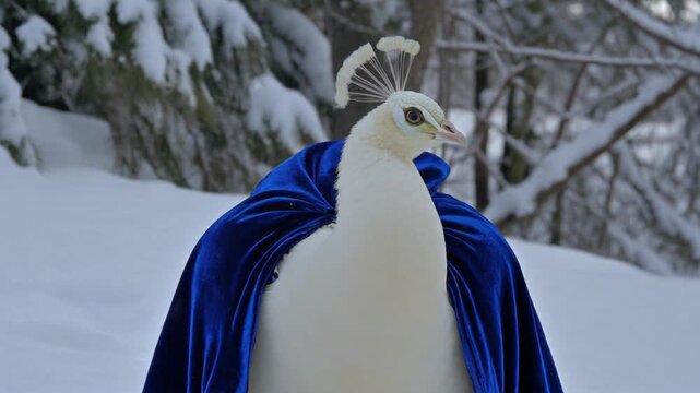 Majestic White Peacock Wearing Royal Blue Velvet Cape in Winter Snow 