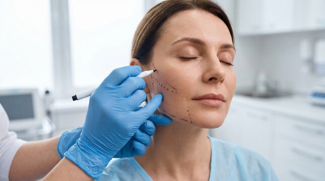 Cosmetic surgeon marking face for surgery, perfect for plastic surgery clinic websites, aesthetic medicine brochures, dermatology training materials, and professional medical blogs