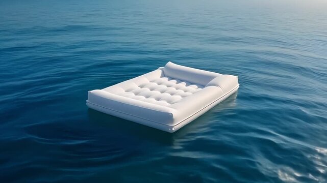 Surreal White Mattress Floating on Calm Blue Ocean Water Vacation Concept 