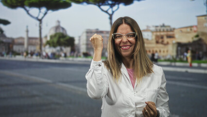 Fototapeta premium Woman doctor in labcoat, middleaged hispanic, clenches fist on a busy street piazza while smiling and wearing glasses and a ring; confidence victory.