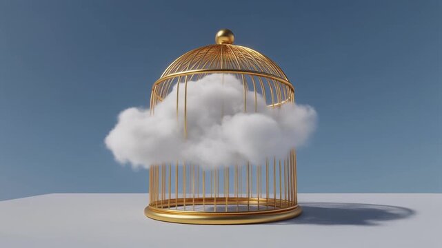 Surreal Minimalist Art of White Cloud Trapped Inside Golden Birdcage