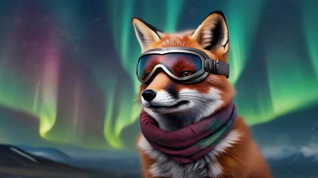 Adventurous Red Fox Wearing Aviator Goggles and Scarf Sitting under Northern Lights