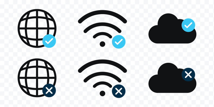 Internet connection status icon set. Online and Offline Internet Connection Icon set. no signal, and connected network states. No wifi vector icon set, ban wireless connection, stop internet signal