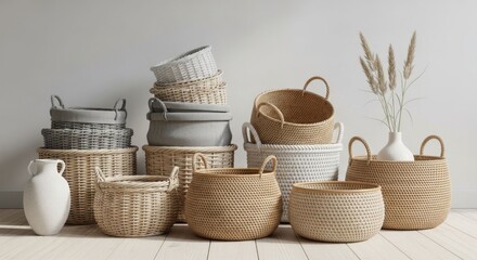 Fototapeta premium Natural Woven Baskets Collection on Wooden Floor with Beige Wall and Dry Grass