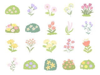 Flower plant garden set in scandinavian style with blooming meadow bushes stems leaves blossoms flora botany nature spring illustration elements © palau83