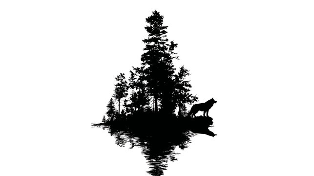 Mysterious black silhouette of a wild wolf standing on a forest edge with tall pine trees reflected in calm water, nature design.