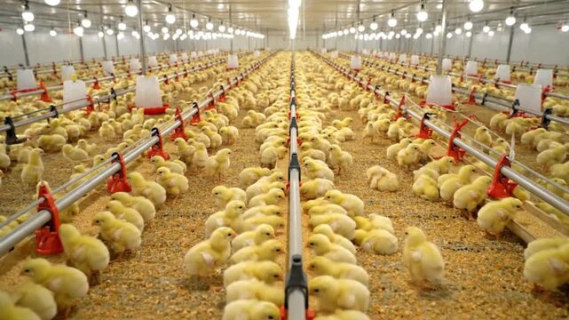 Interior of a large poultry farm with hundreds of yellow chicks organized in rows along automated feeding and watering systems, brightly lit with overhead lights and bedding material on the floor