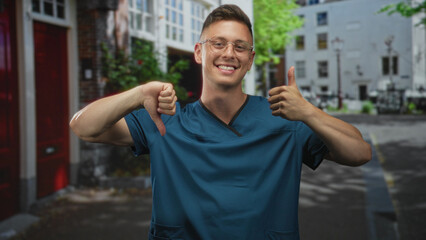 Fototapeta premium Young doctor in blue scrubs and glasses shows thumbs up and thumbs down while smiling in a city street with white buildings and red doorway; ambivalence choice.