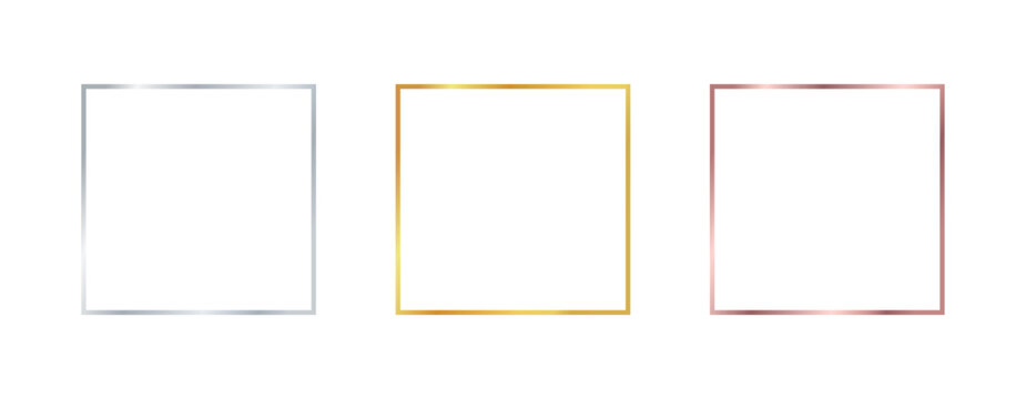 Metallic square frame set. Silver gold and rose border outlines. Minimal luxury geometric frames. Creative use for branding, invitations, posters and social media