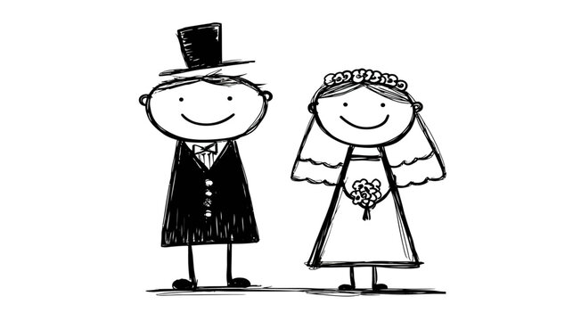 Happy stick figure bride and groom wedding illustration. Hand-drawn doodle sketch of a joyful married couple in black and white.