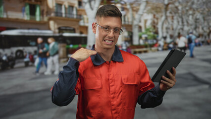 Young blond mechanic man in orange coverall holds a tablet, points with finger and makes throat cut...