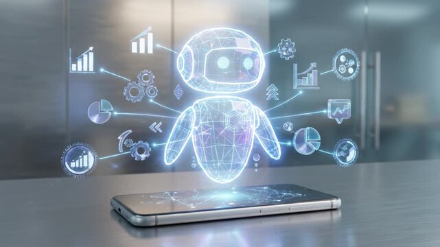 Futuristic hologram robot digital assistant mobile phone artificial intelligence technology virtual interface data analytics user interface innovation hovering above smartphone with neon glow digital