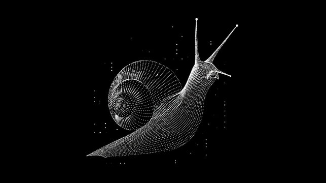 Abstract digital wireframe snail illustration on black, futuristic technology concept, low poly 3D render, data visualization.