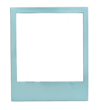 Cadre photo polaroid instantan&eacute; bleu vintage d&eacute;tour&eacute; sur fond blanc