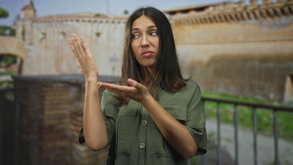 Hispanic woman shrugging on an old town street in a green shirt with closed eyes; disapproval doubt mistrust.