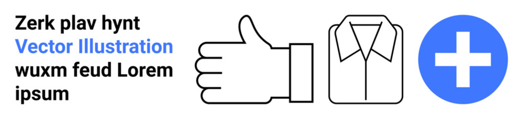 Obraz premium Approval, fashion, healthcare, positivity, decision-making, user interface. A thumbs-up, shirt collar and blue plus sign. Approval and fashion concepts with clear minimalist icons