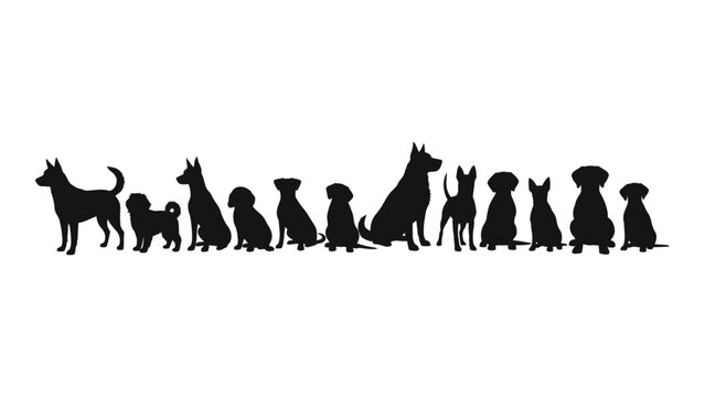 A diverse group of dogs standing in a line against a white background. Vector