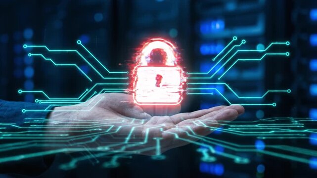 Digital security data protection cyber network firewall encryption breach warning digital lock network safety cyber attack symbol server room circuits risk safety balance secure server technology