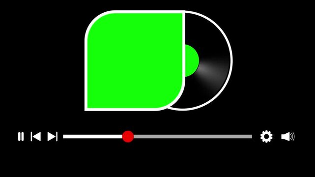 Media player template scroll bar button with audio reactor and A vinyl record spinning half out of an album cover., Music timeline or video track player, Timeline bar moving as song media playing.