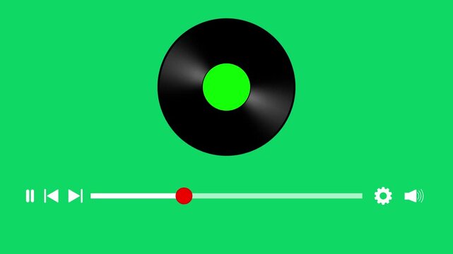 Media player template scroll bar button with audio reactor and A vinyl record spinning half out of an album cover., Music timeline or video track player, Timeline bar moving as song media playing.