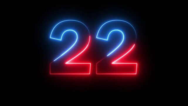 Neon red blue color Number 22 text icon animation education mathematic digit count finance countdown icon sign symbol on black background