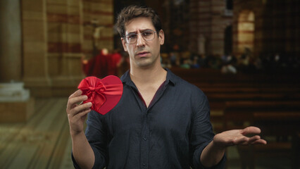 Man holding a red heart gift in his hand inside a church building, palms open in a pleading...