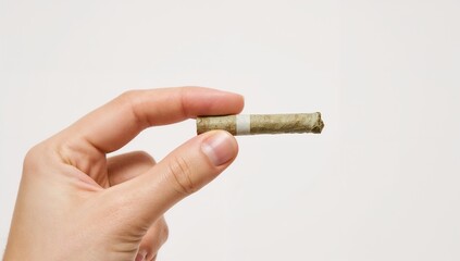 A hand delicately holds a small rolled joint with a visible filter tip against a plain background