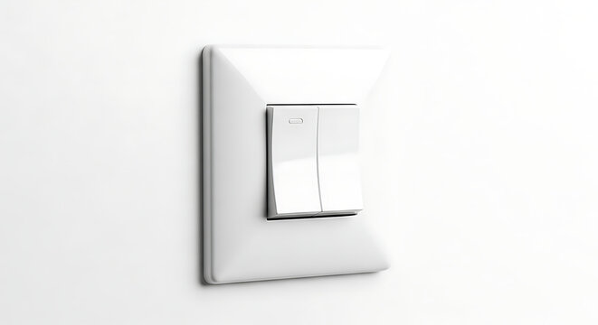 A close up view of a white light switch with two toggles on a white wall in a bright environment