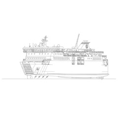 Obraz premium Detailed Line Drawing of a Large Passenger Ferry Ship.
