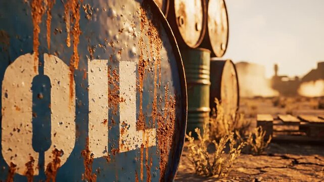 Old rusted blue oil barrel lying on dry cracked ground