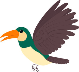 Fototapeta premium Exotic toucan bird flying with open wings. Colorful tropical bird with orange beak isolated on white background. Jungle wildlife vector illustration