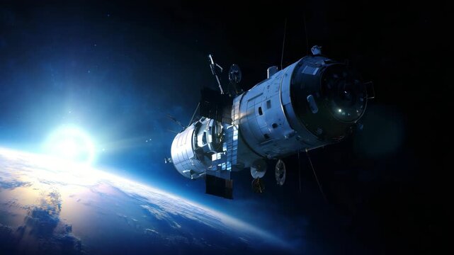 a cargo spaceship in orbit with Earth visible at lower background, three-quarter angle showing hull details, d 4K