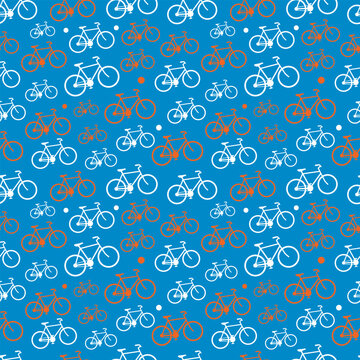 Blue bicycle seamless pattern with white and orange bike silhouettes for sports background
