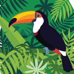 Fototapeta premium Colorful toucan bird perched on a branch in a dense tropical jungle forest with green palm leaves for exotic nature,