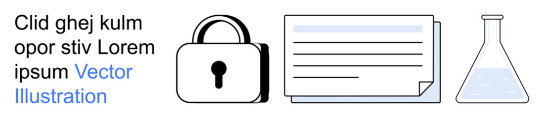 Data protection, research, privacy, cybersecurity, scientific analysis, record-keeping. Lock beside document and laboratory flask. Data security and research concept highlighting protection