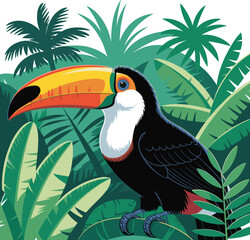 Fototapeta premium Colorful toucan bird perched in a dense tropical jungle forest with green palm leaves for exotic nature and wildlife conservation,