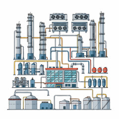 Naklejka premium Industrial chemical plant with intricate piping and storage tanks.