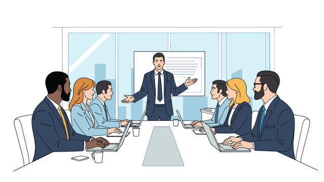 Male professional in a conference room gives a presentation to his colleagues sitting around a table with laptops in a city office.