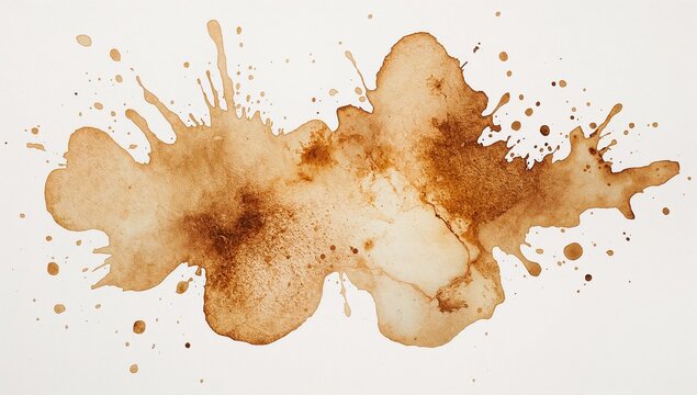 A dark brown coffee stain with irregular splashes and droplets on a white surface high quality