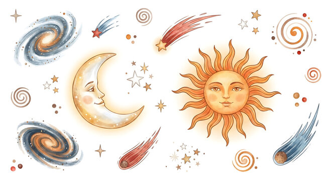 Astrology zodiac signs and cosmic elements vector illustration set with sun moon planets stars