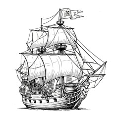 Detailed Sketch of an Old Pirate Ship with Jolly Roger Flag. © LafifahFitriyani