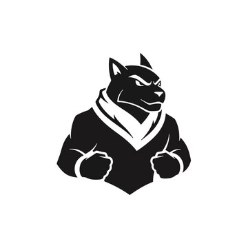 Vector illustration of a strong wolf wearing a martial arts uniform, showcasing power and discipline in a bold black and white design s5.eps