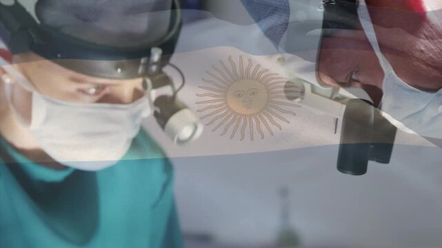 Digital composition of waving colombia flag against soldier using digital tablet at training camp