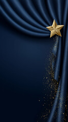 Golden Star with Falling Glitter on Elegant Blue Curtain