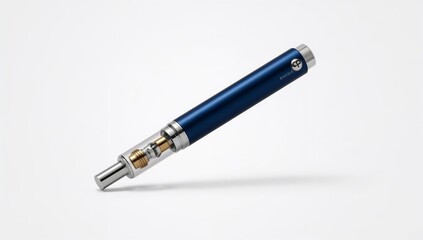 A sleek blue vaping pen lies diagonally on a plain white surface showcasing its metallic design