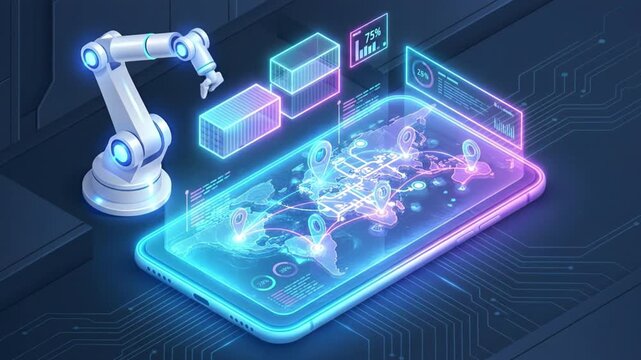 Futuristic mobile logistics map digital world supply chain smart shipping hologram interface global freight transport network warehouse automation robot arm navigation route tracking technology